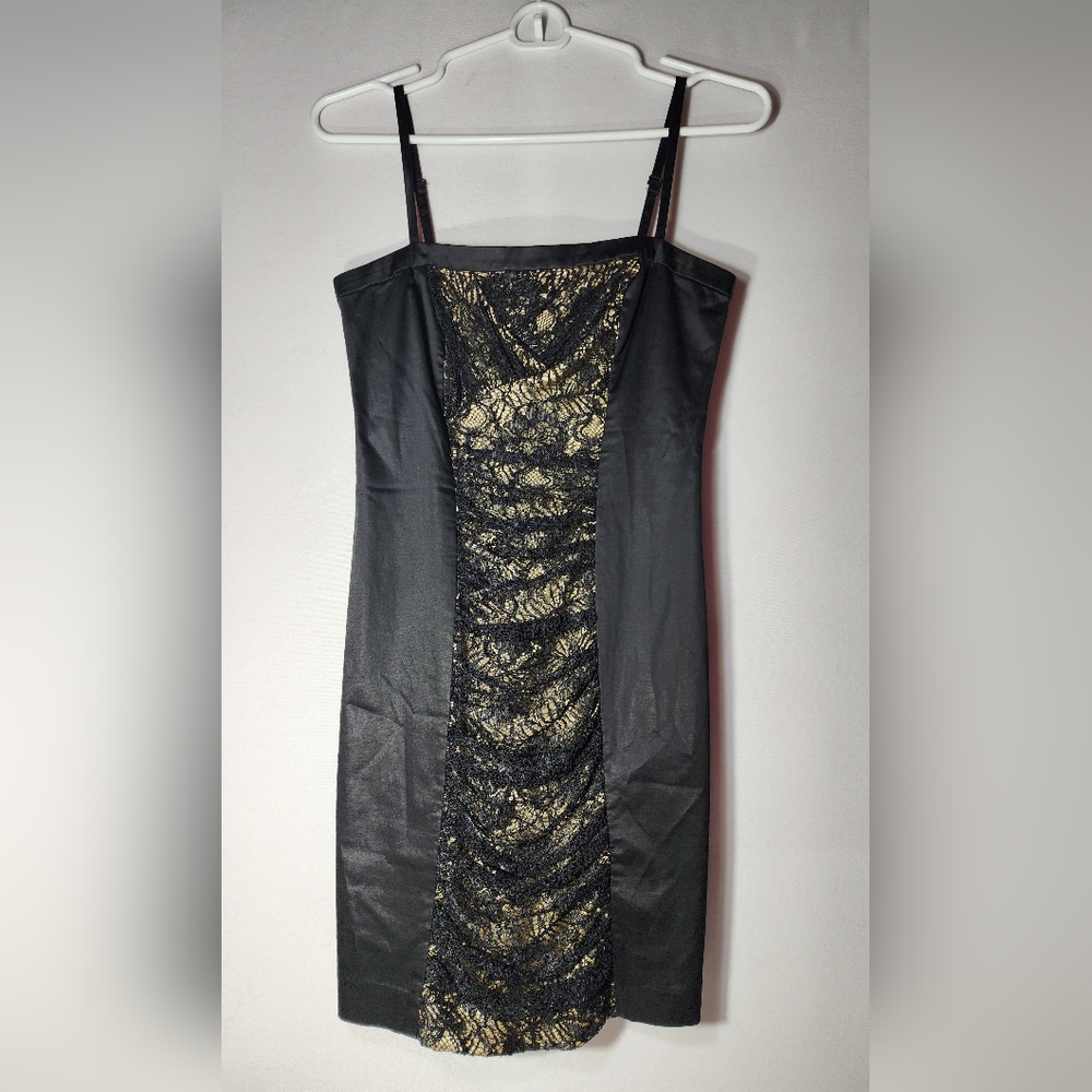 Y2K Bebe Mini Dress Size XS Black Lace Bodycon Mini Adjustable Straps Stunning